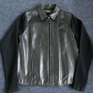 Siena Studio Jacket Womens Large Black Leather Merino Wool Knit Sleeves